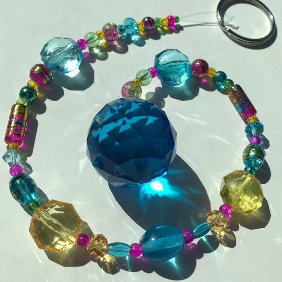 Handmade Other - Beaded Suncatcher Yellow Pink Blue Crystal Prism Hanging Patio Decor Yard Art